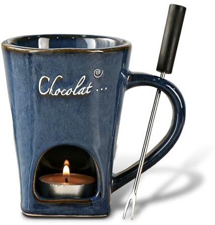 Retro Blue Ceramic Fondue Mug Set, Kiln-Fired Fondue Mug with 2 Candles and Fork for Melting Chocolate and Cheese, Hot Chocolate Cups for Home Parties Afternoon Tea