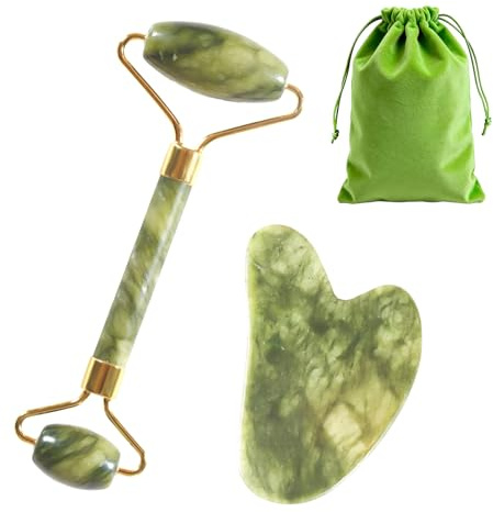 Gua Sha Stein und Face Roller, Jade Roller Gesicht für Facial Massage, Guasha Set enthält Gesichtsroller für Verbesserung Von Feinen Linien und Entspannung der Körpermuskulatur Skincare
