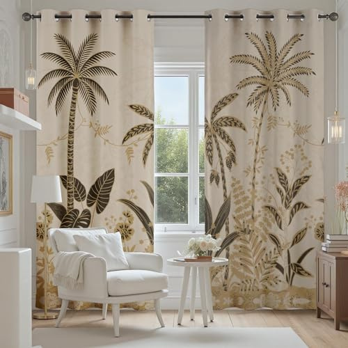 Tropisch Pflanzen Vorhänge, Dschungel Bäum Blätter Vorhang mit Ösen | Vintage Boho Botanisch Gardinen Blickdicht, Verdunklungsvorhänge fur Wohnzimmer Schlafzimmer, Vorhang 245 cm Lang 2er Set