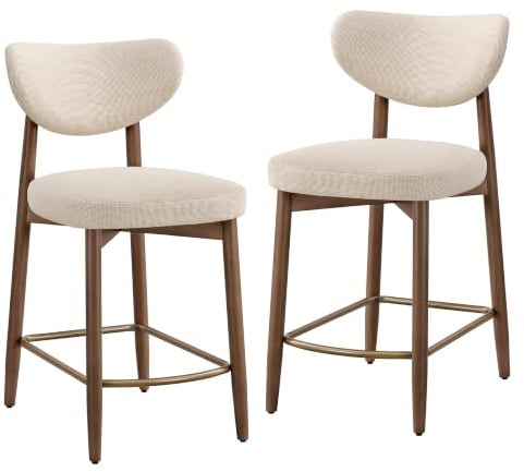 VASAGLE Barhocker 2er Set, mit Rückenlehne, Massivholzbeine, in Leinenoptik | Gepolsterte Tresenhocker, 50 x 51,5 x 95,5 cm, Cappuccino-Beige und Rustikale Walnuss, MAZIO Kollektion LBC125L101