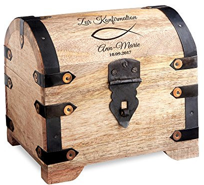 Schatztruhe zur Konfirmation: Geldgeschenk für Jungen und Mädchen | Verpackung für Geldgeschenke aus Holz | Personalisiert mit Namen und Datum | Geschenk und Geschenkidee | Motiv Fisch