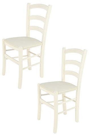 Tommychairs - 2er Set Stühle VENICE für Küche und Esszimmer, robuste Struktur aus lackiertem Buchenholz in Anilinfarbe Weiss und gepolsterte Sitzfläche mit STOFF in der Farbe Elfenbein bezogen