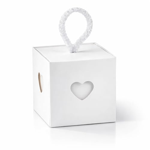 50 Aufbewahrungsbox Cubo Kartonbox mit Kordel Herz für Konfetti 2 Größen Bianco