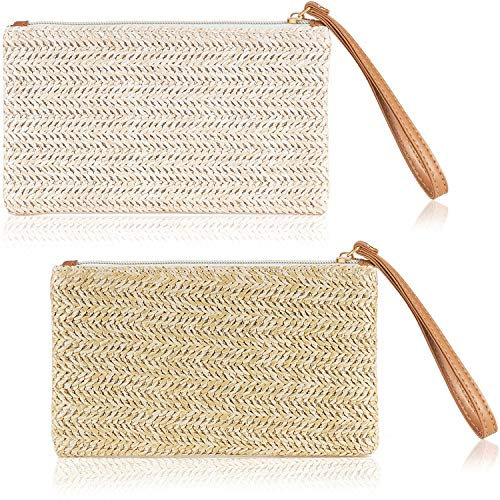 2 Stück Stroh Clutch Tasche Reißverschluss Stroh börse Bohemian Sommer Strand Stroh Handtasche für Frauen Mädchen