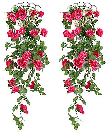 Heflashor Künstliche Hängende Blumen, Veilchen Hängende Kunstblumen, Künstliche Hängepflanzen Girlande Plastikblumen Wanddekoration für Haus Garten Hochzeit Büro,Rose-Rosenrot