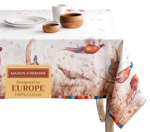 Maison d'Hermine Tischdecke Rechteckig 100% Baumwolle 180 cm x 140 cm Wiederverwendbar Alltagsgebrauch für Weihnachtsdekorationen Esszimmer Landhaus Zuhause Party Festlich (Faisan D'Automne)