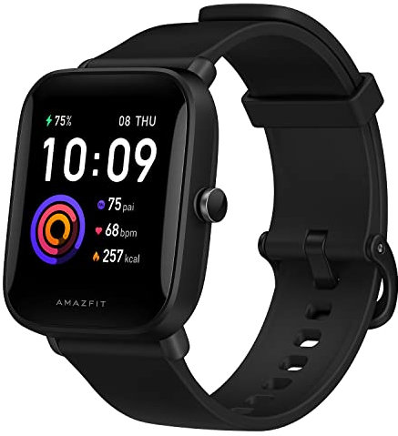 Amazfit Health Fitness Smartwatch mit SpO2 Messung, 9 Tage Akkulaufzeit, Atmen, Herzfrequenz, Stress, Schlafüberwachung, Musiksteuerung, wasserdicht, 60+ Sportmodi, HD-Display (Schwarz)