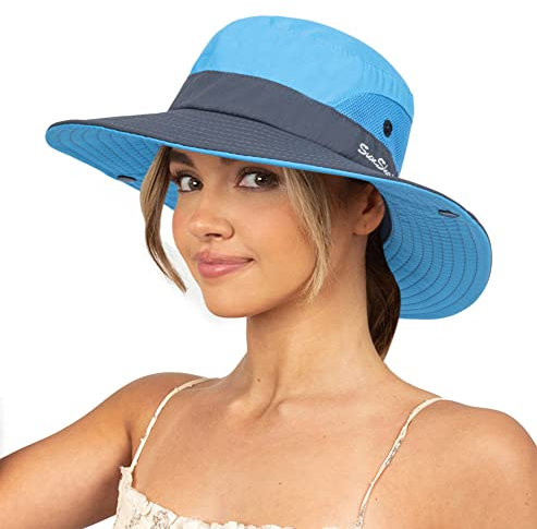 Cappello da sole da donna estivo protezione UV cappello da spiaggia a tesa larga in rete cappello da pesca con foro per coda di cavallo cappello pieghevole, Blu, M