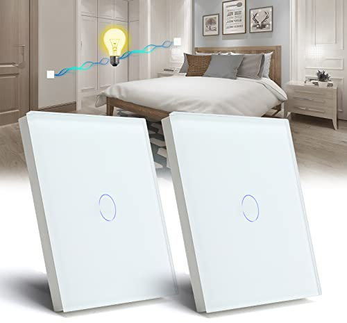 BSEED Lichtschalter 1 Fach 2 Weg Wandschalter gehärtetes Glas Touchscreen-schalter 86mm Unterputzschalter Weiß - 2 pack(Nicht Smart Schalter)