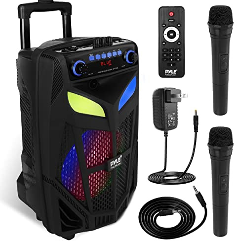 Pyle Cassa Bluetooth Portatile 600W, Altoparlante Bluetooth PA 25cm per Esterni con 2 Microfoni Wireless, Luci, USB/SD, Radio FM, Ruote, Telecomando
