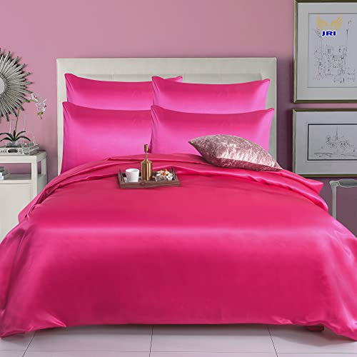 6PCS Satin Duvet Cover Bedding Set Plain Luxury Soft Bed Set Include (1xDuvet Cover, 1xFitted Sheet, 4xHousewife Pillow Case) (Super King, Fuschsia)-(Same Day Dispatch)