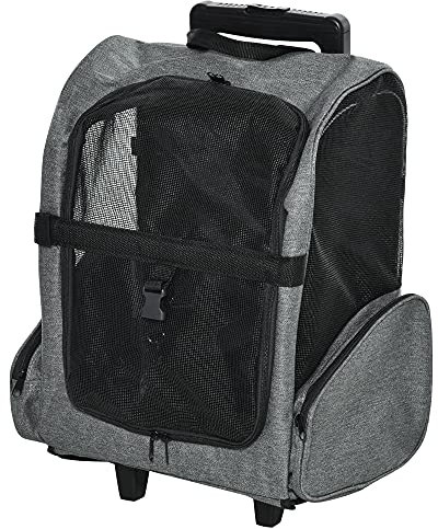 PawHut Transportín Carrito para Mascotas 2 en 1 Mochila de Viaje con 2 Ruedas para Perros Gatos con Asa Retráctil de Aluminio y Bolsillos de Almacenaje 42x25x55 cm Gris