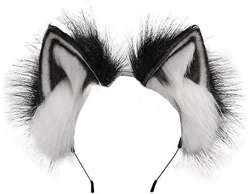 ZFKJERS Handgefertigtes Fell Fuchs Katzenohren Stirnband Fursuit Kopfbedeckung Cosplay Kostüm Party Zubehör (Schwarz-Weiss)