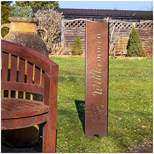 teileplus24 GS01-HH-1 Willkommen Gartenstecker Gartenschild | Kupfer Garten Deko | 3D Abkantung | 120cm x 21cm