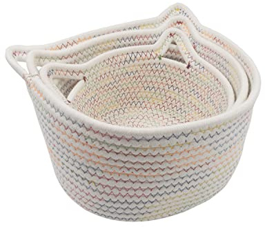 Anzirose Natural Cotton Rope Storage Baskets Multi-sized 3 pieces set Cat Ear Shape Nursery Storage Baskets for Home Decor Closet Desktop Kids Room Nursery Cosmetic Storage White (White)