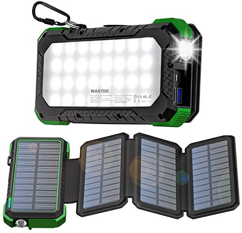 WASTDE Batterie Externe Solaire 26800 mAh avec Panneau Solaire, Chargeur Solaire Batterie Externe USB-C 18 W Sortie/Entrée Charge Rapide avec Lampe de Camping et Lumière (SOS) étanches pour Téléphone