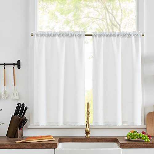 TOPICK Scheibengardine Bistrogardine 2er Set 90Hx63B cm Weiß Leinenoptik Fenstervorhang Gardine Gaze Schals Scheibengardinen Halbtransparent Fensterschal Küche Wohnzimmer Landhaus