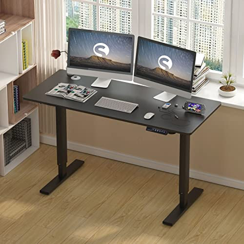 sogesfurniture Bureau Électrique Réglable en Hauteur, 140x60x(73-122) cm, Bureau Assis Debout à Domicile, Mémoire 4 Hauteurs, Cadre en Acier, Panneau épissé, Noir
