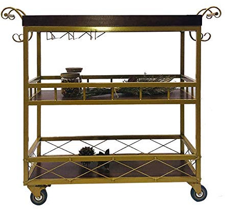 Rollender Barwagen Weinservierwagen mit Holz- und Metallrahmen 2 feststellbare Räder Industrieller Vintage-Stil (Gold 80 * 40 * 75 cm)