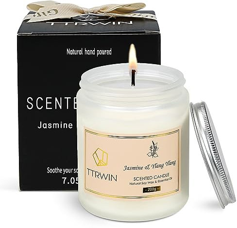 TTRWIN Candela Profumata Vaniglia e Ambra, 200g, 50H± Combustione, Candele in Barattolo di Vetro, Cera di Soia, Olio Essenziale, Regalo Rilassante per Donna Compleanno, Natale, Festa Mamma