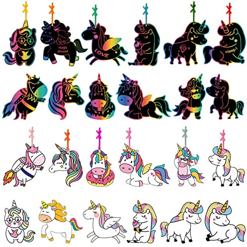 Qpout 12pcs Einhorn Scratch Art Set für Kinder, Rubbelkarte Rubbelbilder Set mit elastischen Schnüren und hölzernen Stift Scratch Bilder für Mädchen Geburtstag Geschenk Party Zubehör