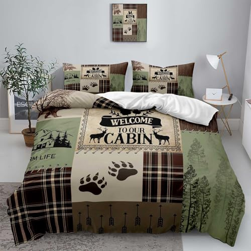 LUVIVIHOME 3 Stück Kabine rustikale Bettwäsche, Bär Hirsch Bettbezug Queen, Landhaus Bettwäsche, Waldtier Lodge Steppdecke Tagesdecke Braun Plaid Salbeigrün Bettbezug Jagd Geschenke 2 Kissenbezüge