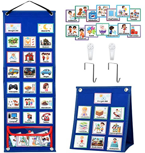 KIKIGOAL Kalender Kinder, Autismus Kinder Kalender Visueller Zeitplan mit 70-Stück deutsche Routine Karten und Klettverschluss Punkte, Vision Board Wochenplaner Routine Zeitplan Karten für Home School