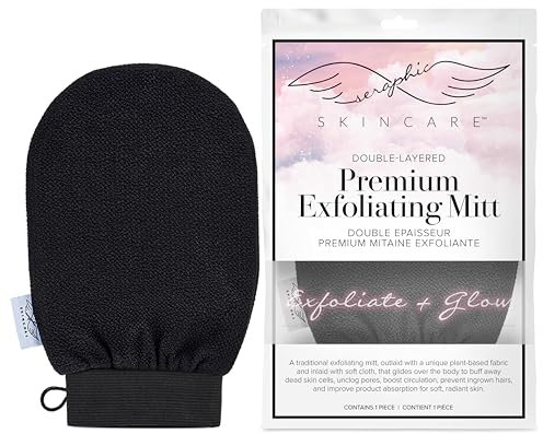 Seraphic Skincare Double-Layered Premium Exfoliating Mitt – 100% Vegan Viscose – Traditional Korean Exfoliating Glove Kessa Lined with Soft Washcloth – Self-Tan Remover, Body Scrubber & Shower Loofah