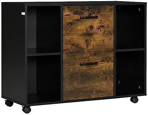 Vinsetto Cassettiera da Ufficio con 2 Cassetti Porta Documenti e Ripiani Aperti in Truciolato, Maniglie in Acciaio, Ruote con Blocco, 90x37.5x68.5cm, Marrone Rustico