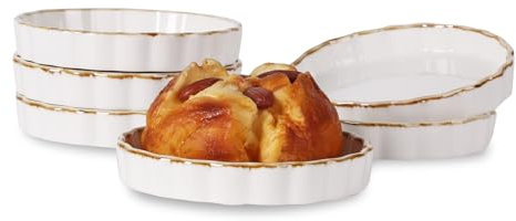 ONTUBE 5.5 oz Ramekins -Porcelain Round Ramekins for Creme Brulee Dishes,Dipping Sauces,Baking Pudding Cups, Souffle Dish,Oven Safe,Set of 6 (Brown/White)