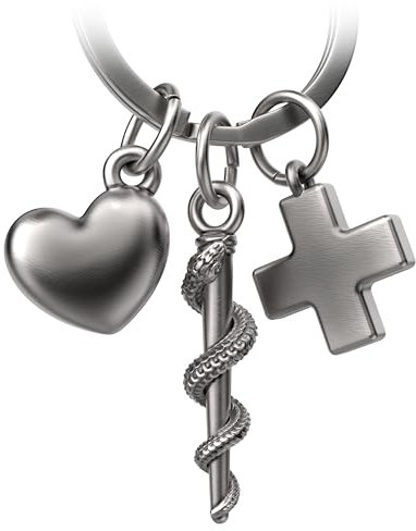 FABACH Porte-clés en Forme de Baguette d'Esculate Avec Croix et Cœur - Cadeau pour Infirmière, Médecin, Étudiant en Médecine - Argent Antique, Moderne