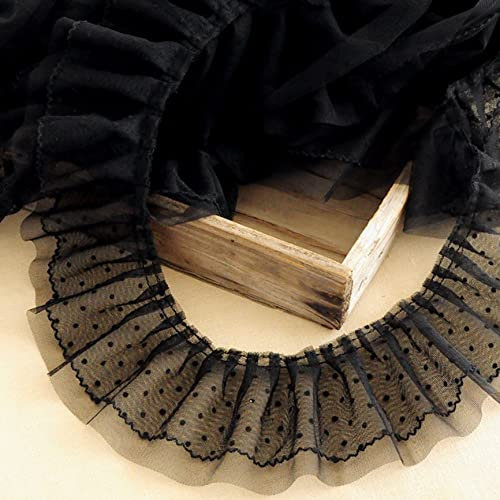 5Yard Spitzen Borte 2-lagig plissiert Organza Spitzenborte 10 cm breit unelastisch Spitze für Hochzeitsapplikationen, Kleidung, Nähen, Basteln, DIY-Dekor (schwarz, gepunktet)