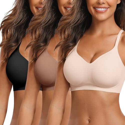 Vertvie Nahtloser BH Damen Ohne Bügel Bequeme Push Up Soft BH V Ausschnitt Weicher Bustier Seamless Bra Ultrakomfortable Gepolstert Bralette T-Shirts(3pc: Schwarz/Beige/Kaffee,L)