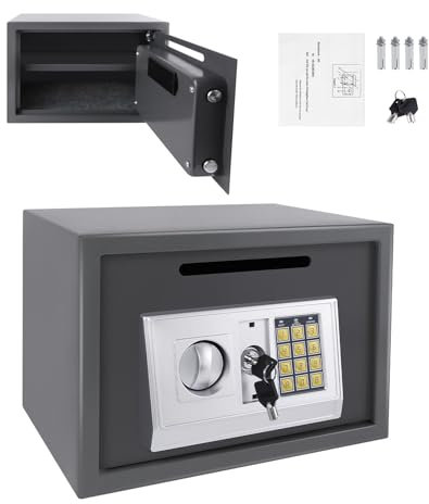 Safe 16L, Steel Home Safe with a Coin Slot, Digital Safe Money Box with 2 Keys and Digital Keypad, Adjustable Shelf Cash Safe for Hotel Office Documents Jewelry Valuables, Grey