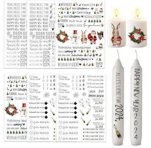 ALLAVA 6 Stück Kerzentattoos Happy New Year, Kerzentattoos Weihnachten, Wasserschiebefolie Kerzen, Kerzensticker Kerzenfolie für Kerze Tasse DIY Geschenk, Kerzen Dekorieren, Kerzensprüche(B)