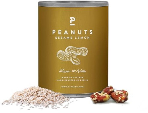 P-STASH Erdnuss Sesam Zitrone, Edle Erdnüsse 60g, fettfreie Trommelröstung, Nussmischung mit einzigartigen Gewürzkombinationen, Premium Nuts made in Berlin