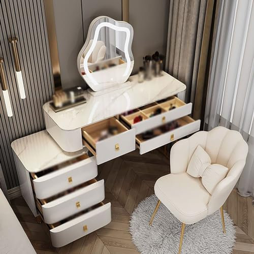 Vofikoli Schminktisch mit Beleuchtung und Stuhl, Frisiertisch mit Dreifarbiger Smart-Spiegel, Kosmetiktisch mit 5 Schubladen, Make up Tisch für Modern Schlafzimmer (Weiß 3, 80cm)
