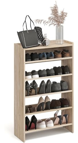 KOMTO Schuhregal Schmal - Schuhablage Flur mit 5 Ebenen Offener Schuhschrank Schuh Organizer Platzsparend | Elexis Sonoma Eiche 60 x 25 x 98 cm