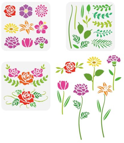 FINGERINSPIRE 3 Stück Kombinations Blumen Malschablone 20x20 cm PET Pflanzen Themen Sprühschablone Wiederverwendbar Hibiskus Rose Dahlie Gänseblümchen Muster Wandschablone Lilie Tulpe Nelke Vorlage