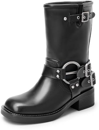 DREAM PAIRS Stivali a metà Polpaccio da Donna Stivali Stivaletti Biker Fibbie Anfibi Fashion Stivali da Donna con Tacco Basso Grosso,Size 39,Nero,SDMB2405W