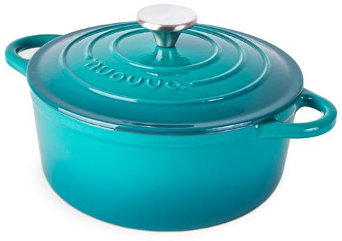 Casseruola in Ghisa Smaltata, Pentola Olandese Antiaderente con Coperchio, Induzione/Gas/Forno, Cottura Omogenea – 2.9 Liter 24cm Turchese – da Nuovva