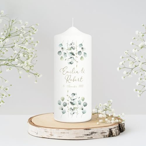 Wandtattoo Loft Hochzeitskerze personalisiert mit Namen und Datum, Motiv mit Eukalyptuszweigen unten und oben Boho, 18cm x 7cm, personalisierte Gastkerze, Hochzeit Kerze gestalten, Hochzeitsgeschenk