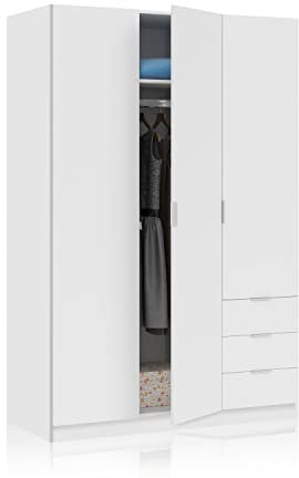 duehome | Armario de 3 Puertas y 3 Cajones, Armario para Dormitorio, Modelo Hexa, Acabado en Blanco Soft, Medidas: 121 cm (Largo) x 180 cm (Alto) x 52 cm (Fondo)