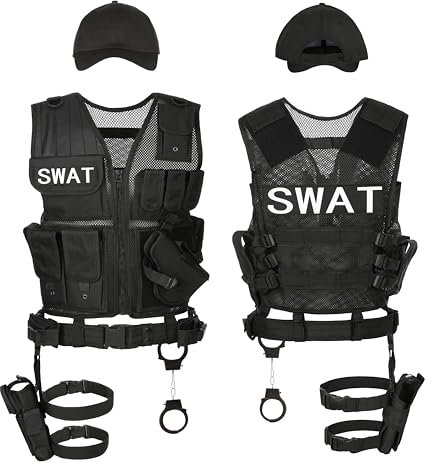 KarneLux Chaleco 4 en 1 SWAT, POLICE, FBI o UNDERCOVER – Disfraz para hombre y mujer, incluye funda de pistola, cinturón, esposas y gorra para supervivencia, carnaval, Halloween (XL-XXL)