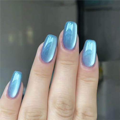 Square Medium Fake Nail Ocean Blue Cat's Eye Press on Nails Shiny Tips Nail Art Decoration for Women and Girls Manicure 24pcs