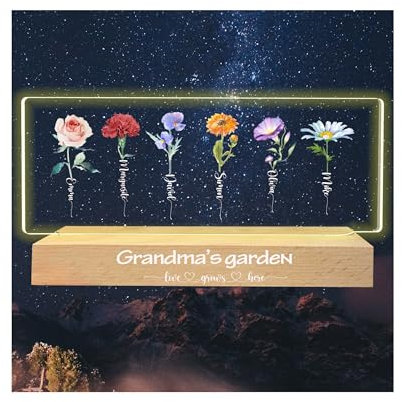 Pekdi Custom Omas Garten Lampe, personalisierte Geburt Monat Blume Mom Acryl Nachtlicht, Muttertag Mom Blume Lampe Geburtstagsgeschenke für Mama Oma Nana