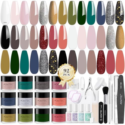 Aokitec 92 PCS Complete Dip Powder Nail Kit - 20+1 Colours Dipping Powder Clear Build Powder Dip Activator/Base/Top Coat/Brush Saver Nail Soaking Bowl Recycling Tray System Cuticle Oil for Nail Art