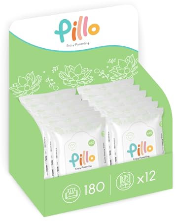 Pillo Dummy Wipes – 180 x Baby Wet Wipes – 12 Packs of 15 Baby Wipes Disinfectants – 99.6% Vegetable Ingredients with Aloe Vera and Active Oat Water