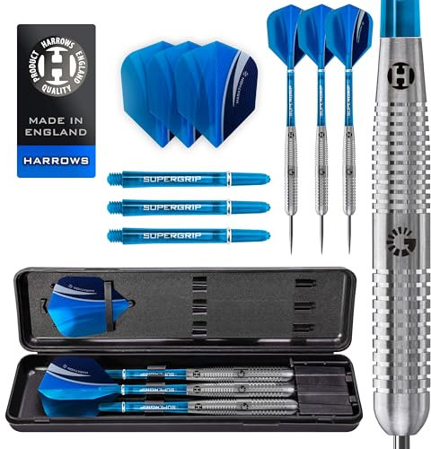 Harrows Genesis Steel-Dartpfeile, Dartpfeile mit Wolframstahlspitze, 21 g, 22 g, 23 g, 24 g, 25 g und 26 g – inklusive High Traction Grip Supergrift, Shart Marathon Flights und Reiseetui (22g)