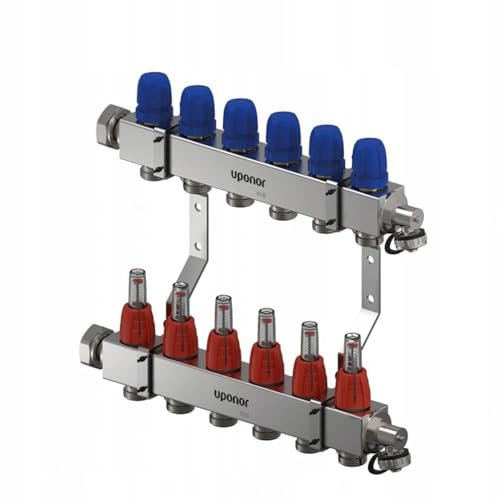 VarioC Heizkreisverteiler [2-12 Heizkreise] Edelstahl für Fußbodenheizung mit Druchflussmesser und Ventilen, Entlüftungs Ablassventil, Verteiler mit Rotameter (1133474), 6 Heizkreise